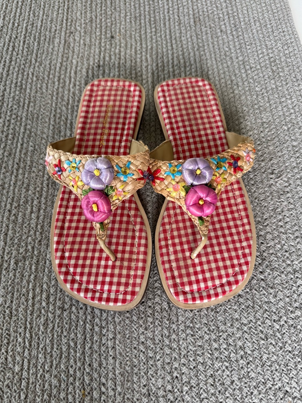 Vintage Carriage Court Red Gingham Beaded Floral Embroidered Raffia Sandals 6